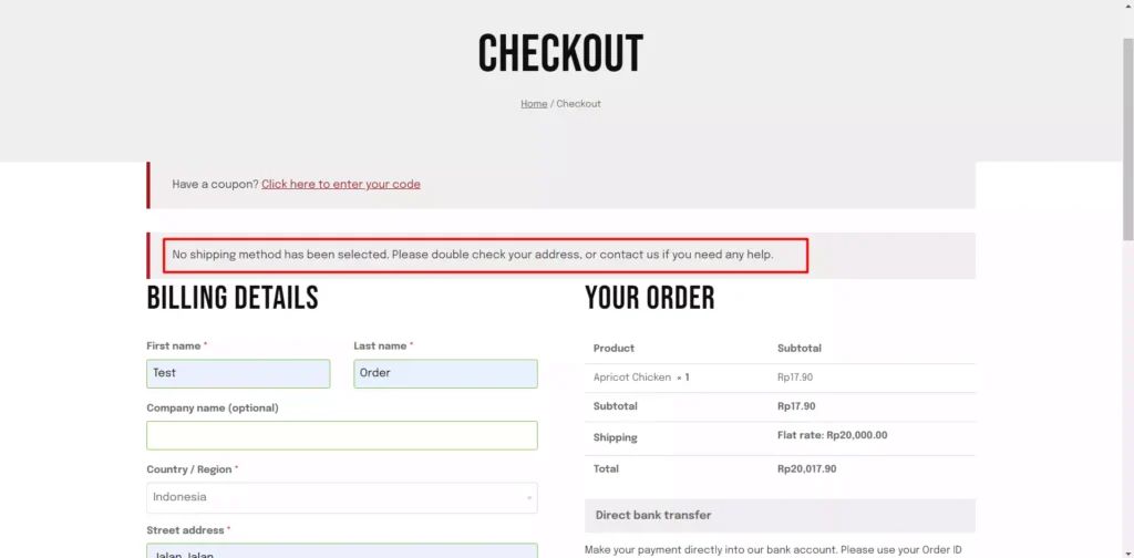 Fix Woocommerce No shipping method has been selected - 0-0